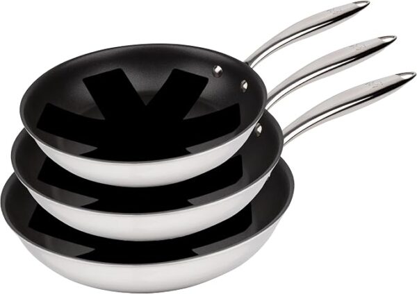 MasterPRO Argent 3 | 3 Non-stick Frying Pans 20, 24 and 28 cm | Triple-Layer Stainless Steel & Forged Aluminum | With Ergonomic Handle | Stainless Steel Frying Pan | For All Types of Kitchens